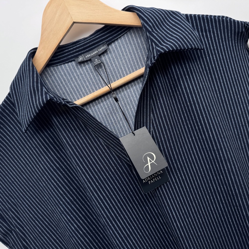 Adrianna Papell V-Collar Knit Top Womens Medium Navy Pinstripe Button